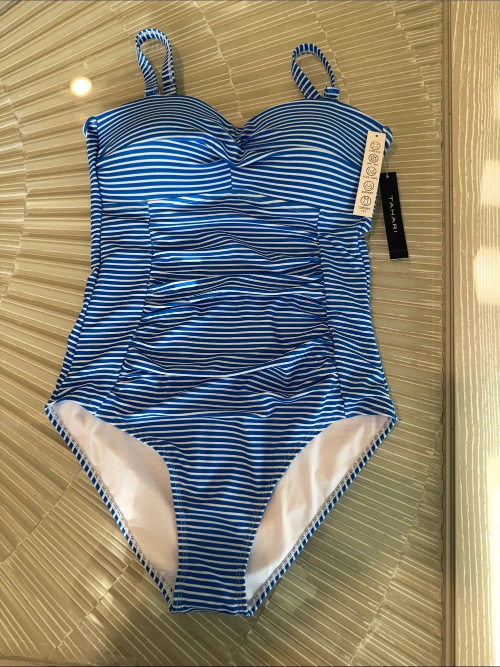 Tahari Blue & White Ruched  One-Piece Swimsuit.